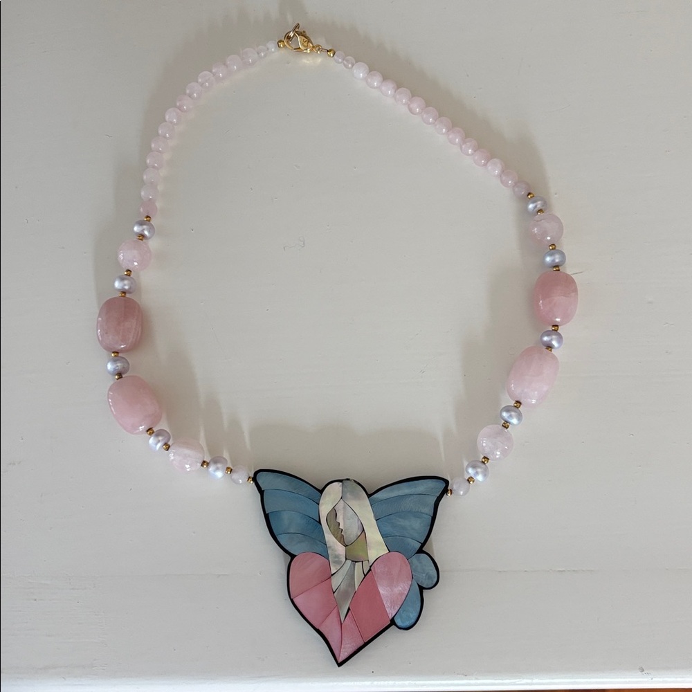 Lee Sands Butterfly Pendant Necklace with Pink and Blue